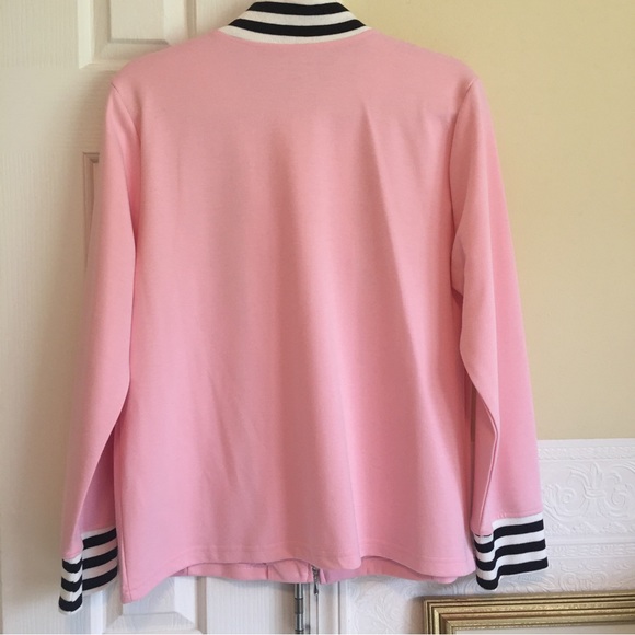 Pink sweater with black & white striped trim featuring bright florals size M - Picture 3 of 8